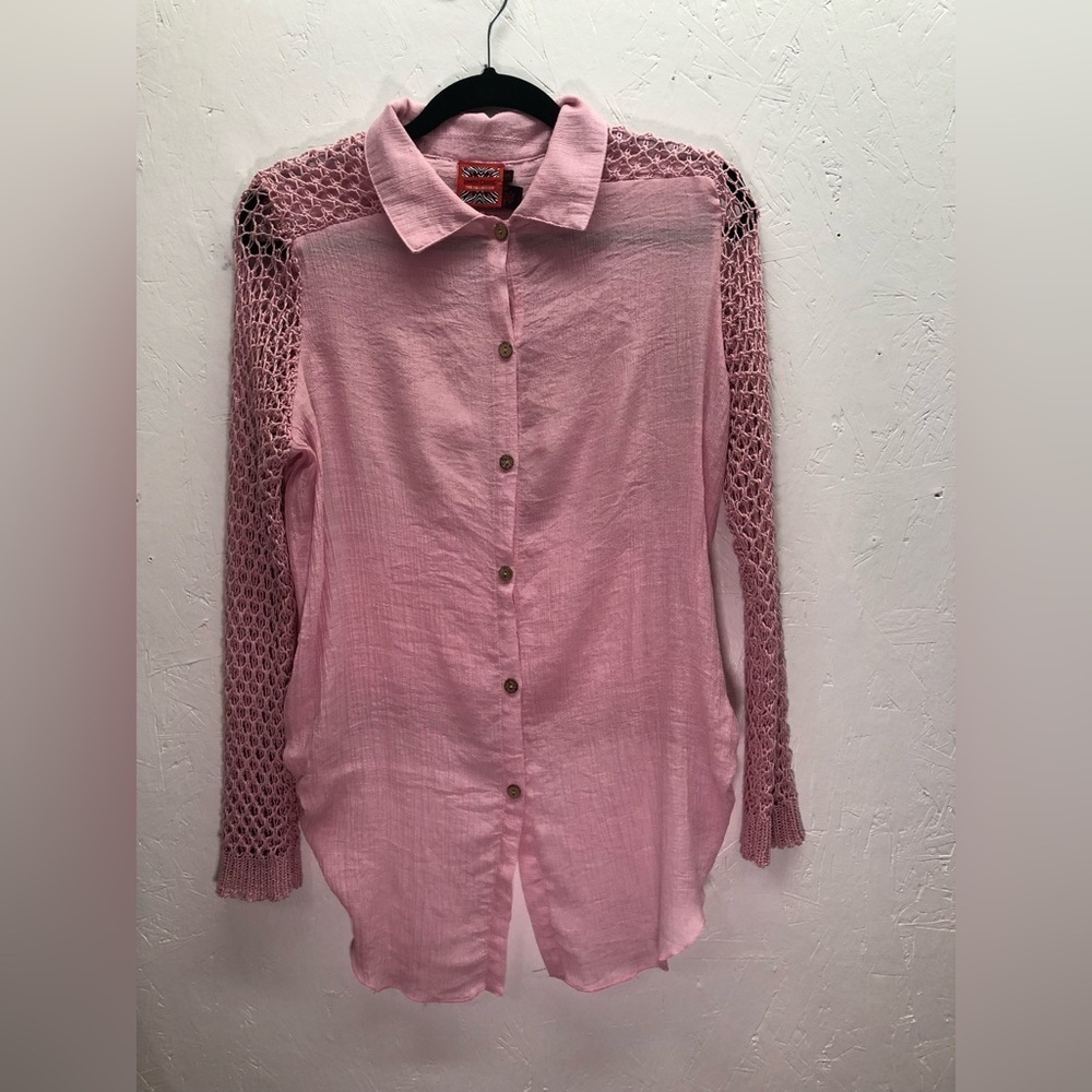 Simon Chang the collection pink button up crochet shirt - Picture 3 of 10